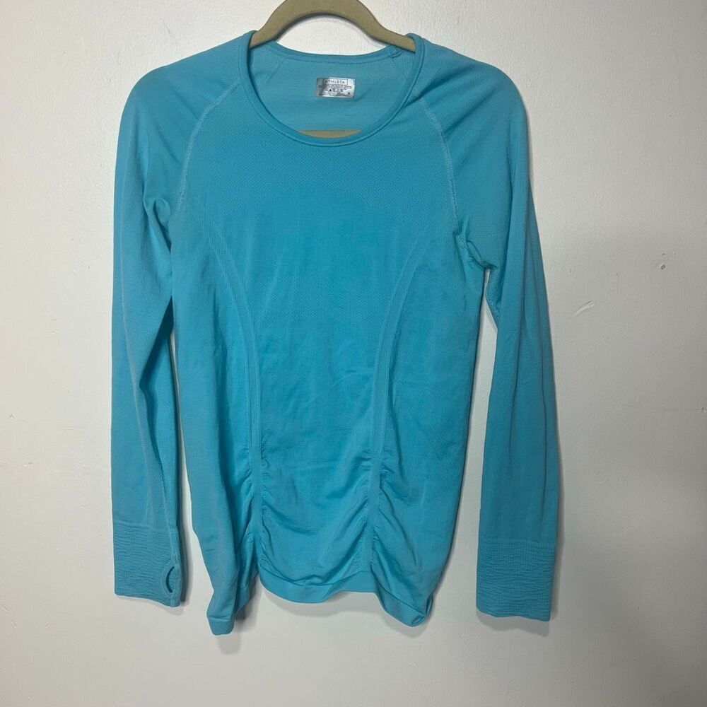 Athleta Sea Blue Longsleeve Stretch Ruched Shirt Sz Small